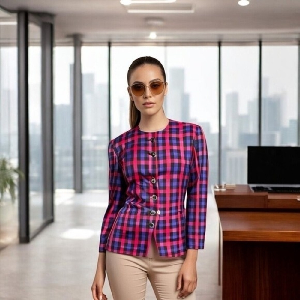 First Editions Plaid Blazer Pink Blue Purple Women’s Button Front Jacket 8P NWT